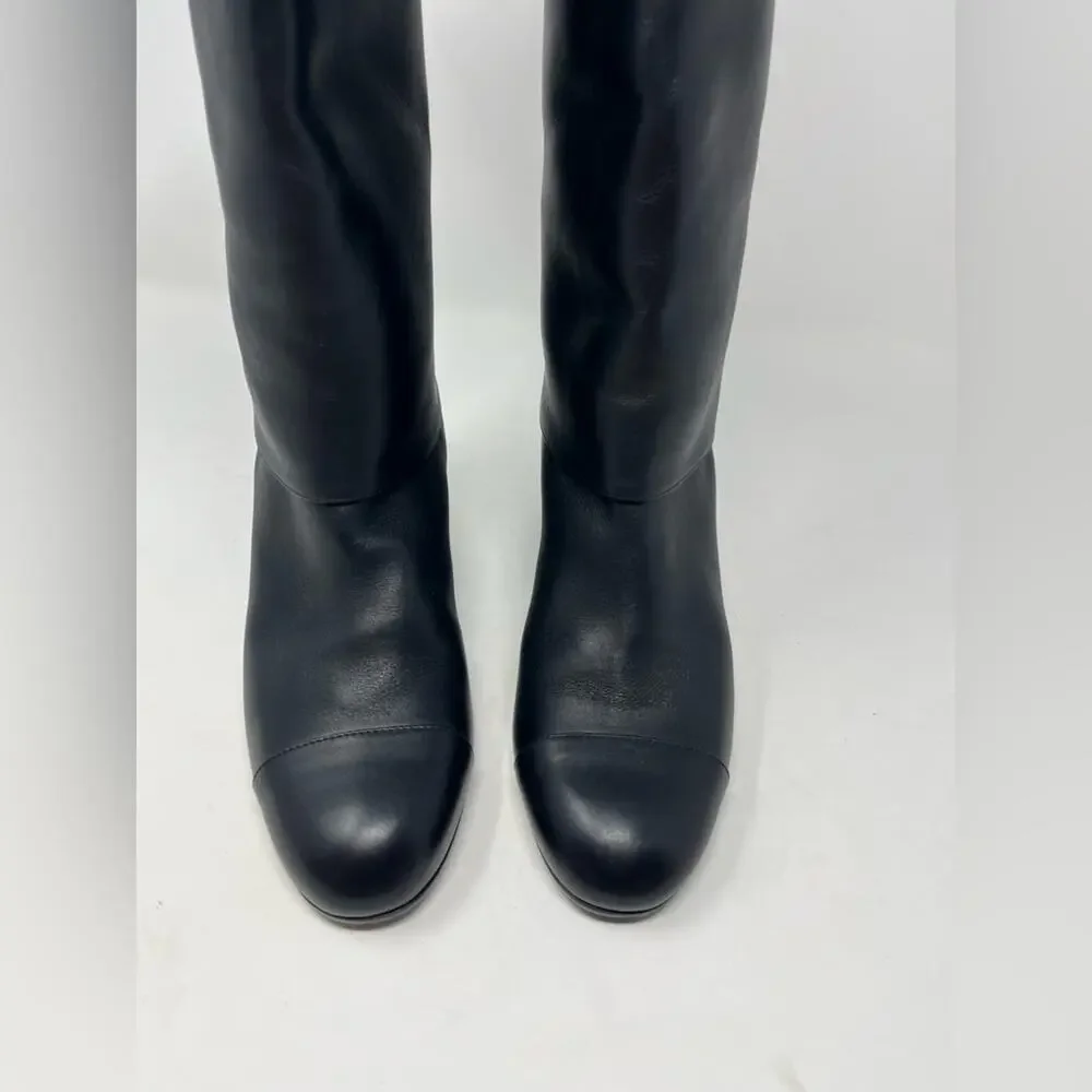 Chanel CC Cap Toe Fold Over Riding Boot Black Brown Leather Block Heel size 38.5